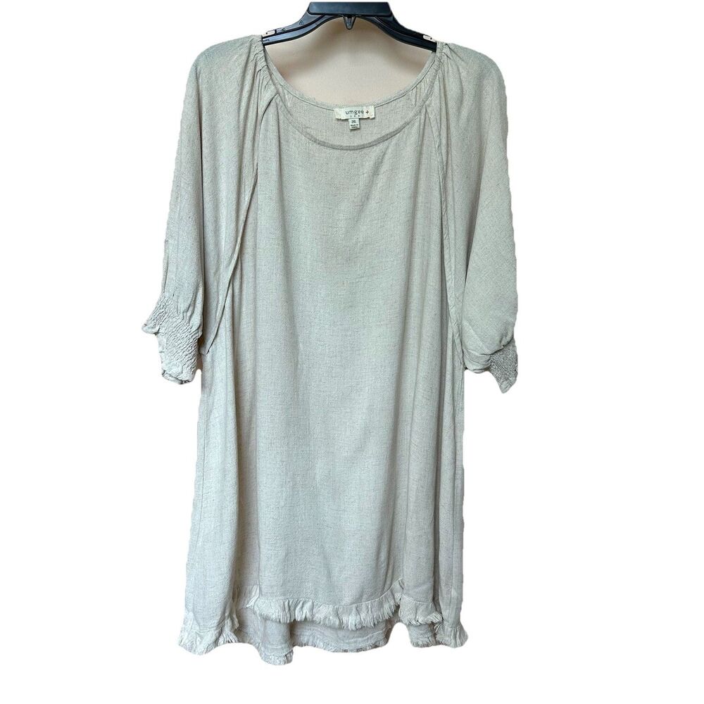 Umgee Linen/cotton Top 2X Short Sleeve Oatmeal Fringe Boho Neutral Western